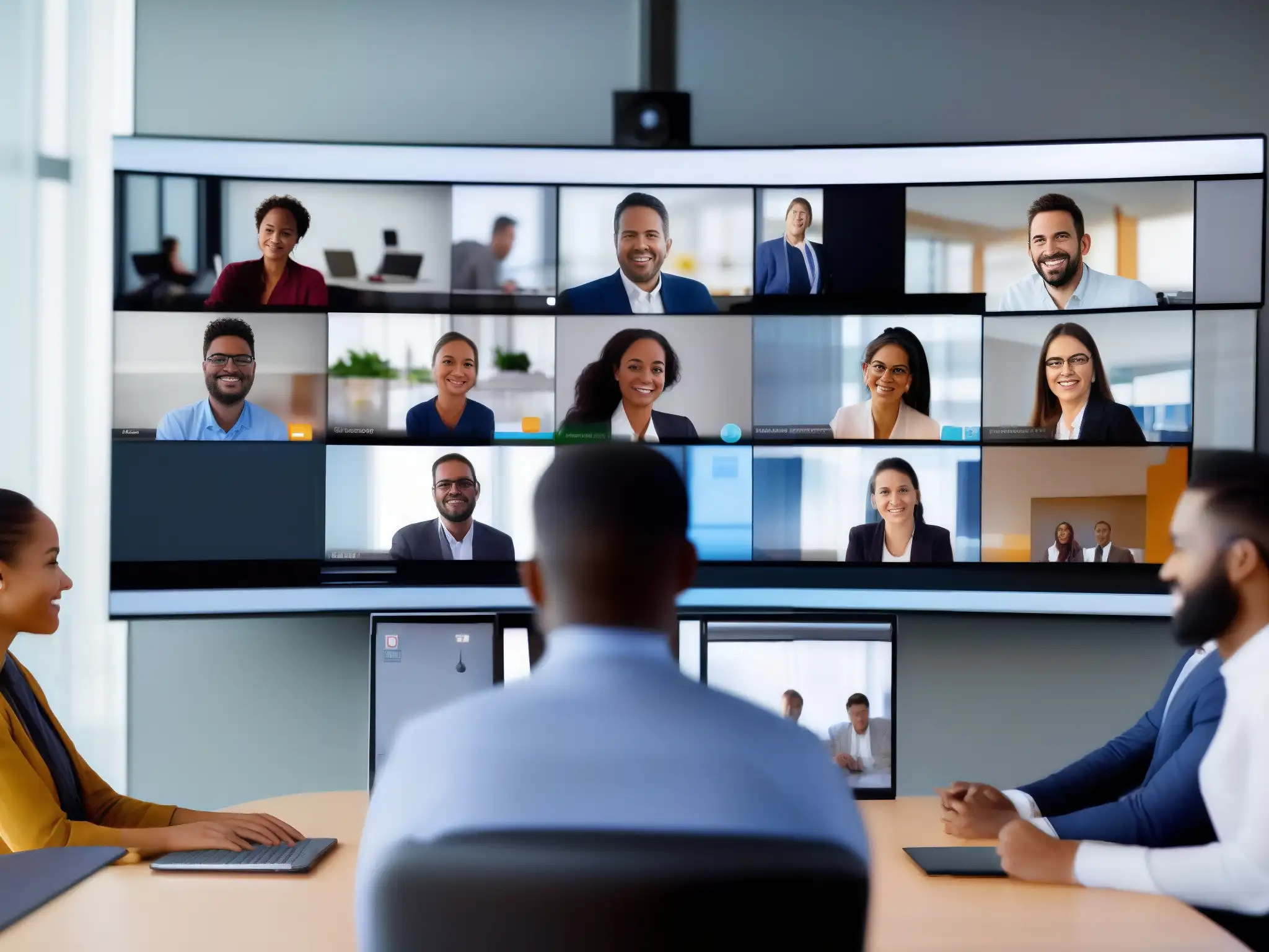 Profesionales colaborando en videoconferencia virtual Dinámicas colaborativas para videoconferencias: Profesionales diversas colaboran activamente en una sala virtual bien iluminada, utilizando herramientas digitales para potenciar su trabajo en equipo