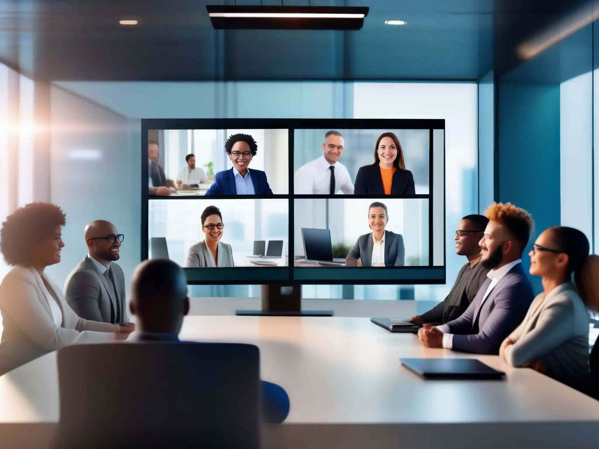 Conferencia virtual dinámica: colaboración profesional Dinámicas colaborativas para videoconferencias: Profesionales diversos colaboran en una reunión virtual, compartiendo ideas y mostrando productividad