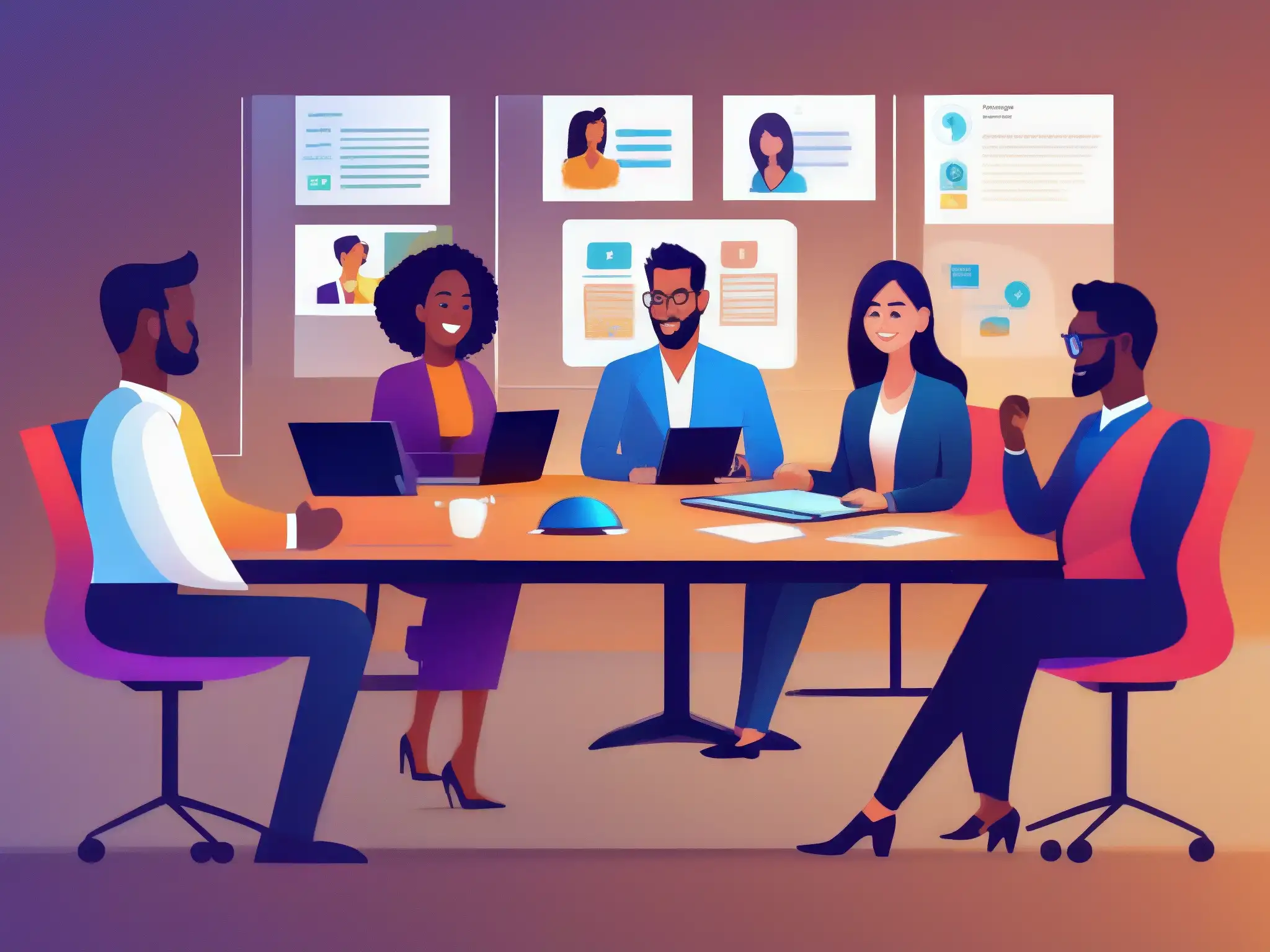 Reunión virtual dinámica: profesionales colaborativos en acción Dinámicas colaborativas para videoconferencias: Profesionales participan activamente en una reunión virtual, comunicándose con gestos y expresiones