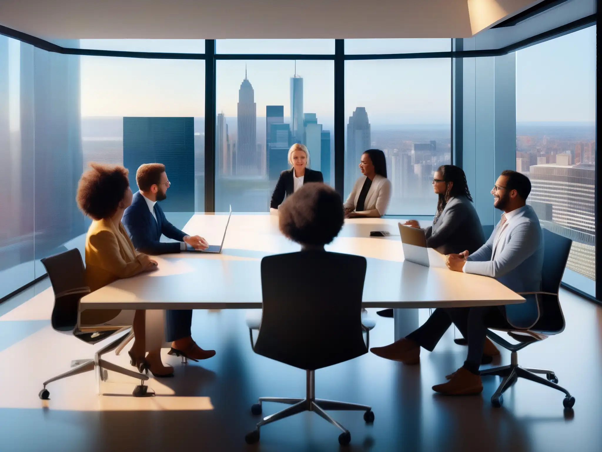 Reunión virtual dinámica: colaboración profesional diversa Dinámicas colaborativas para videoconferencias: Profesionales diversas colaborando en un ambiente virtual dinámico y profesional