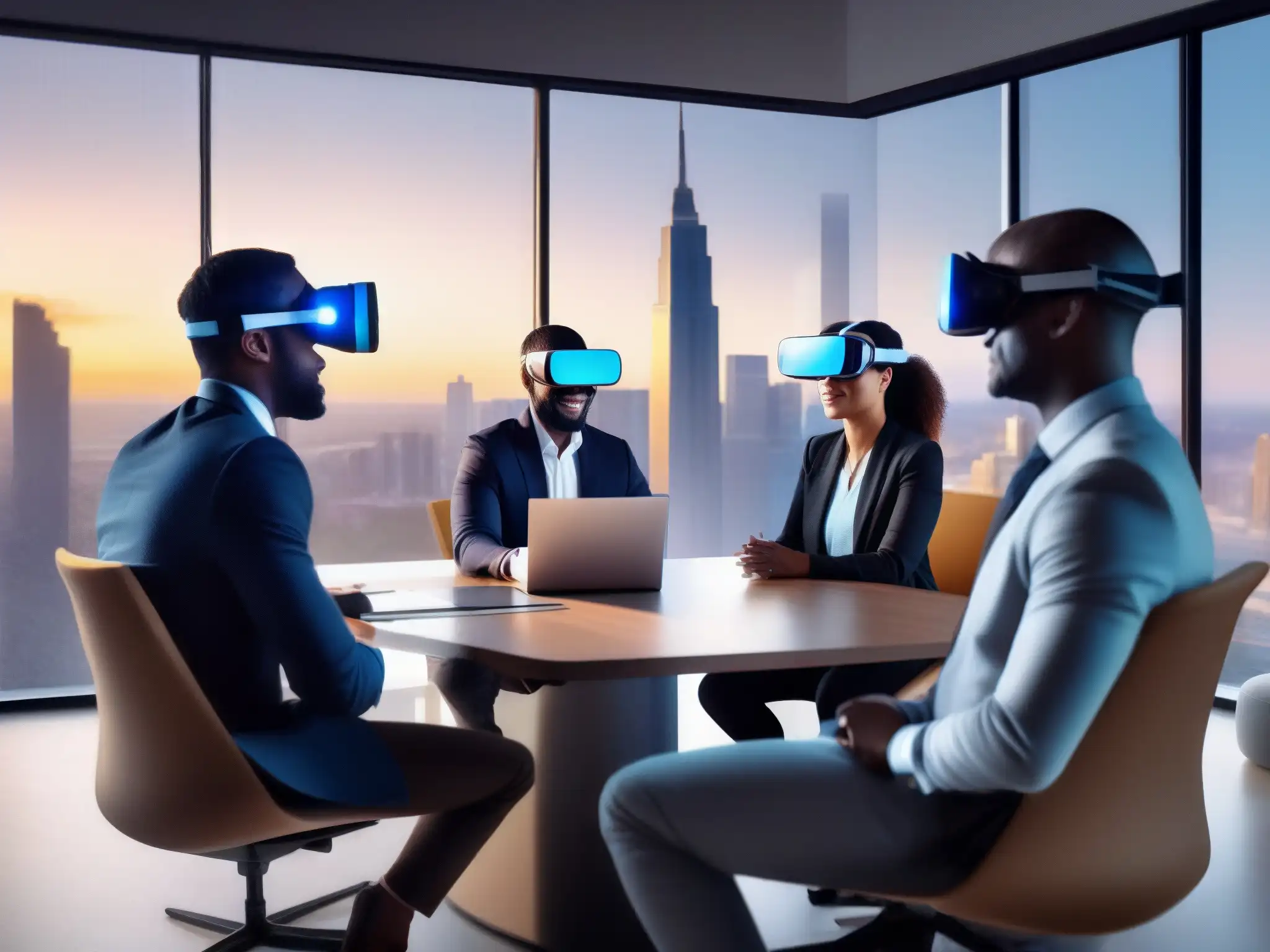 Reunión virtual innovadora: colaboración y creatividad Dinámicas de equipo virtuales: Profesionales colaborando en una reunión virtual, usando tecnología avanzada en una oficina moderna con vista a la ciudad