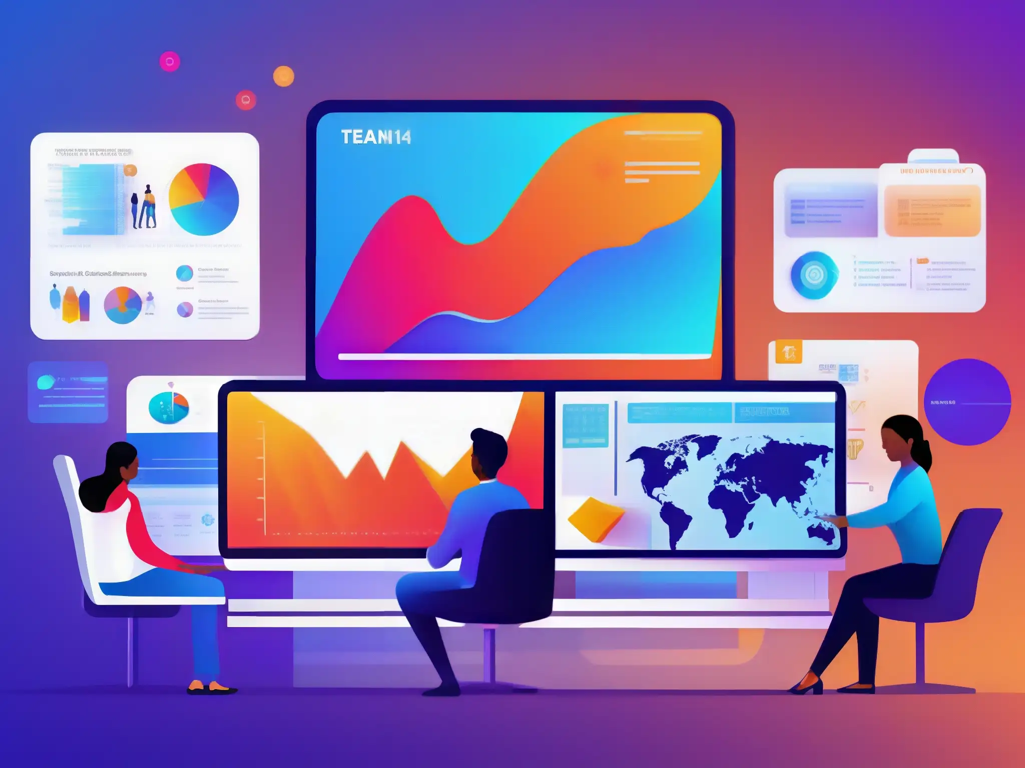 Equipo global colaborando en espacio virtual innovador Dinámicas de equipo virtuales: Profesionales colaborando virtualmente en un espacio de trabajo moderno y dinámico, conectados globalmente