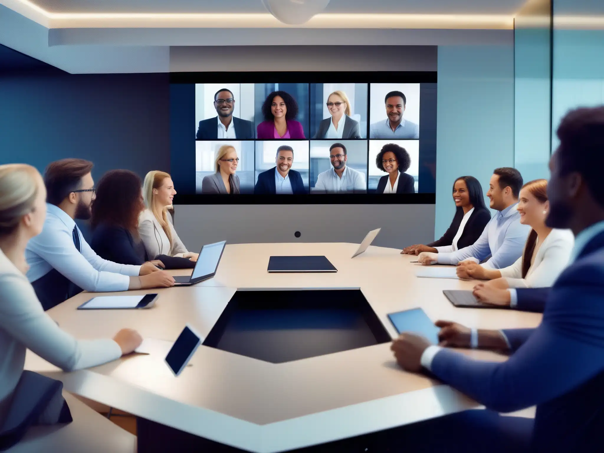 Reunión virtual de profesionales: innovación y productividad Dinámicas de equipo virtuales: Profesionales colaboran con entusiasmo en una reunión virtual, mostrando innovación y productividad