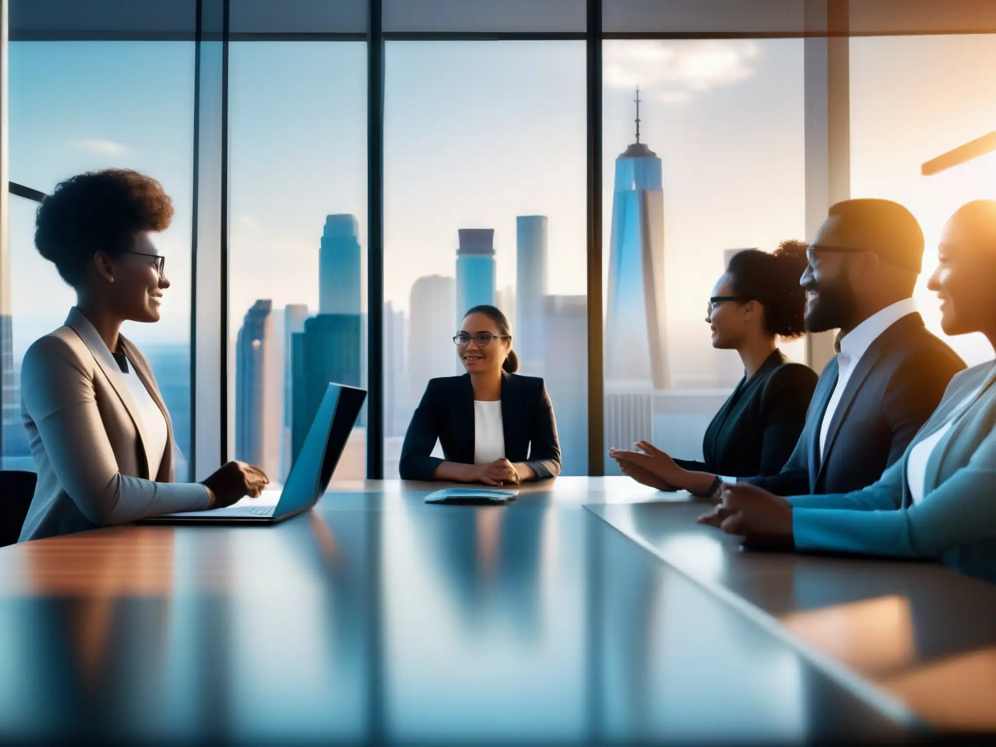 Equipo virtual diverso en reunión profesional Dinámicas de equipo virtuales: Profesionales diversos en una animada reunión virtual en una oficina moderna con vista a la ciudad