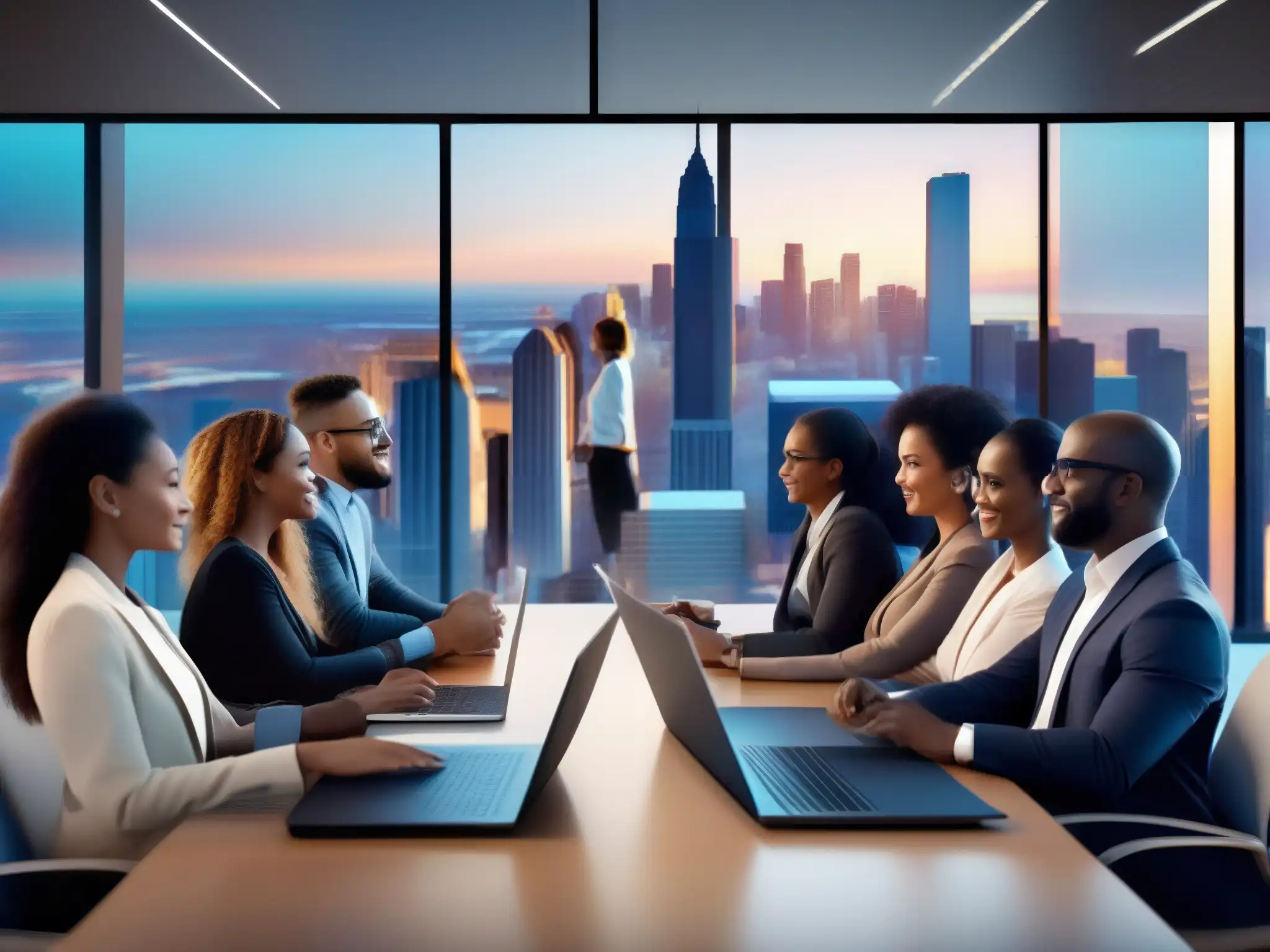 Reunión virtual de profesionales: innovación global en acción Dinámicas de equipo virtuales: Profesionales diversos participan activamente en una reunión virtual, con una ciudad digital de fondo