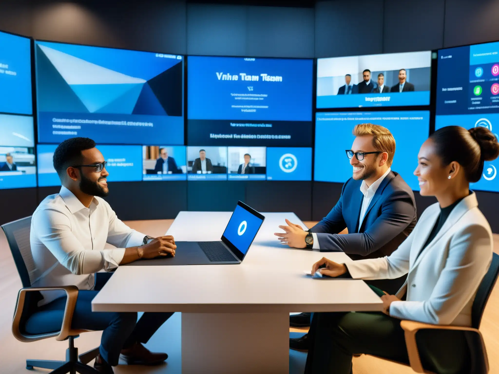 Reunión virtual de equipo: Avatares realistas en un entorno futurista Dinámicas de equipo virtuales: Reunión virtual de equipo con avatares realistas en un entorno futurista, colaborando y mostrando innovación