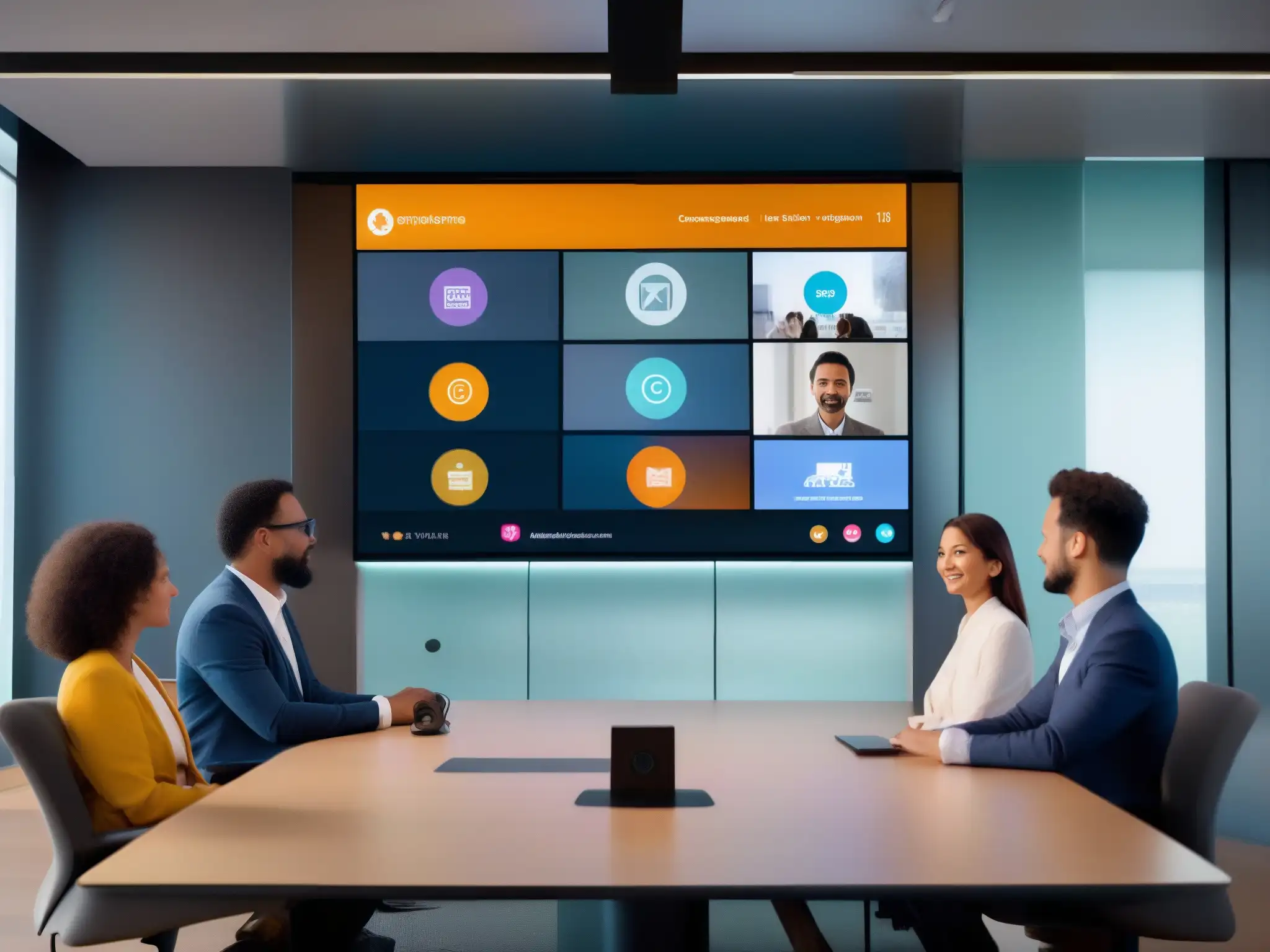 Interfaz de videoconferencia moderna y profesional Diseño de interface para videoconferencia con controles intuitivos y alta calidad de video en entorno profesional y colaborativo