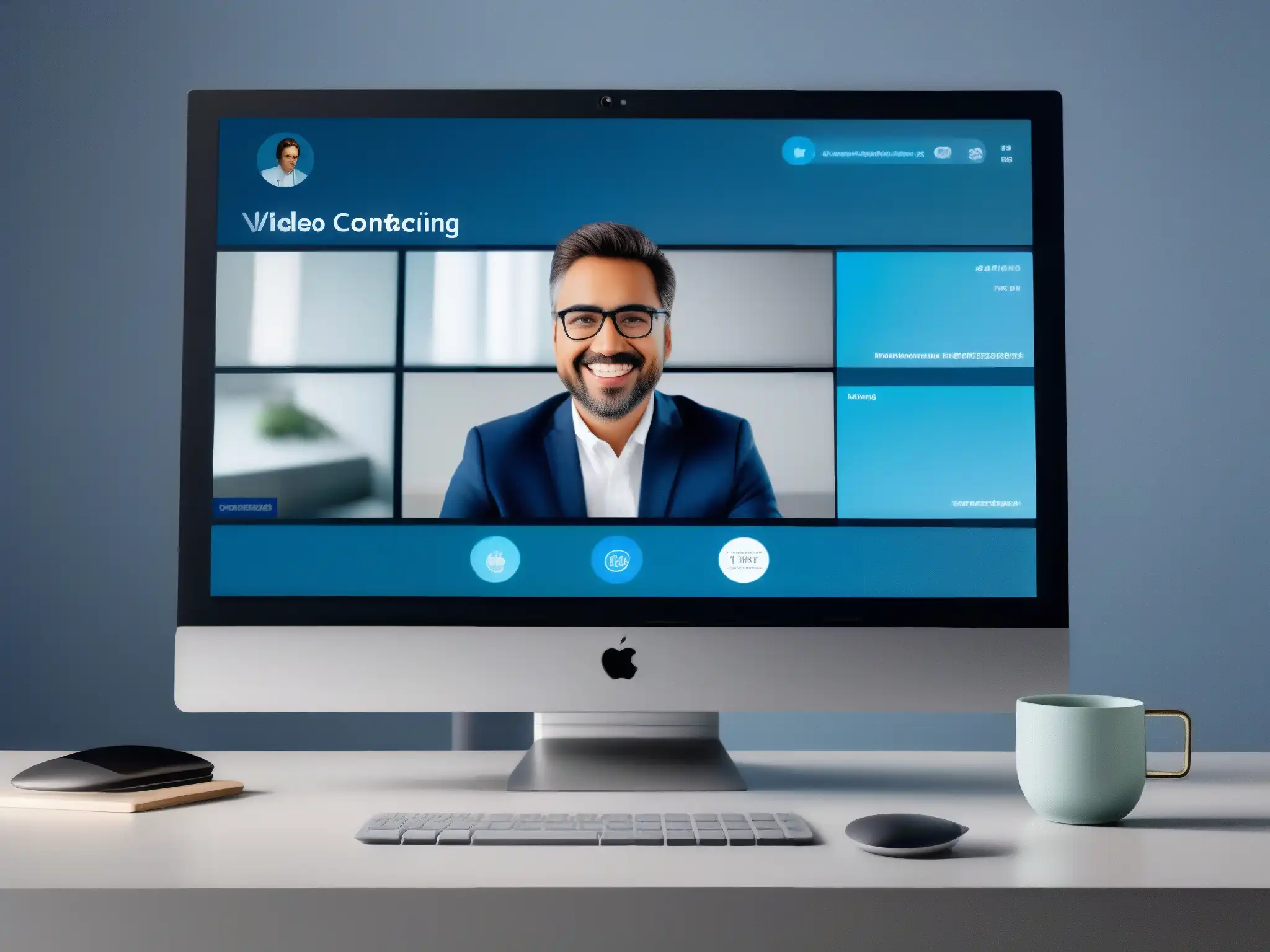Interfaz de videoconferencia profesional en 8k Diseño de interfaz en videoconferencia: Imagen de una interfaz minimalista y moderna en una videoconferencia, transmitiendo eficiencia y conectividad