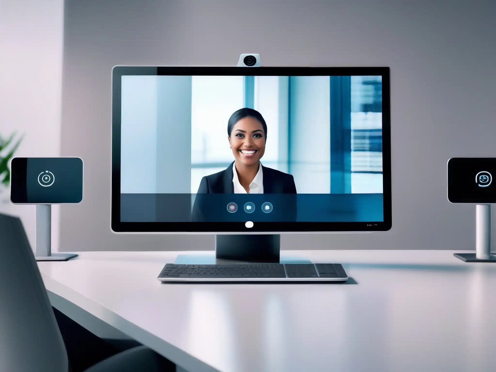 Interfaz de videoconferencia futurista y minimalista con alta resolución Diseño de interfaz en videoconferencia moderno y sofisticado con múltiples feeds de video nítidos y controles intuitivos