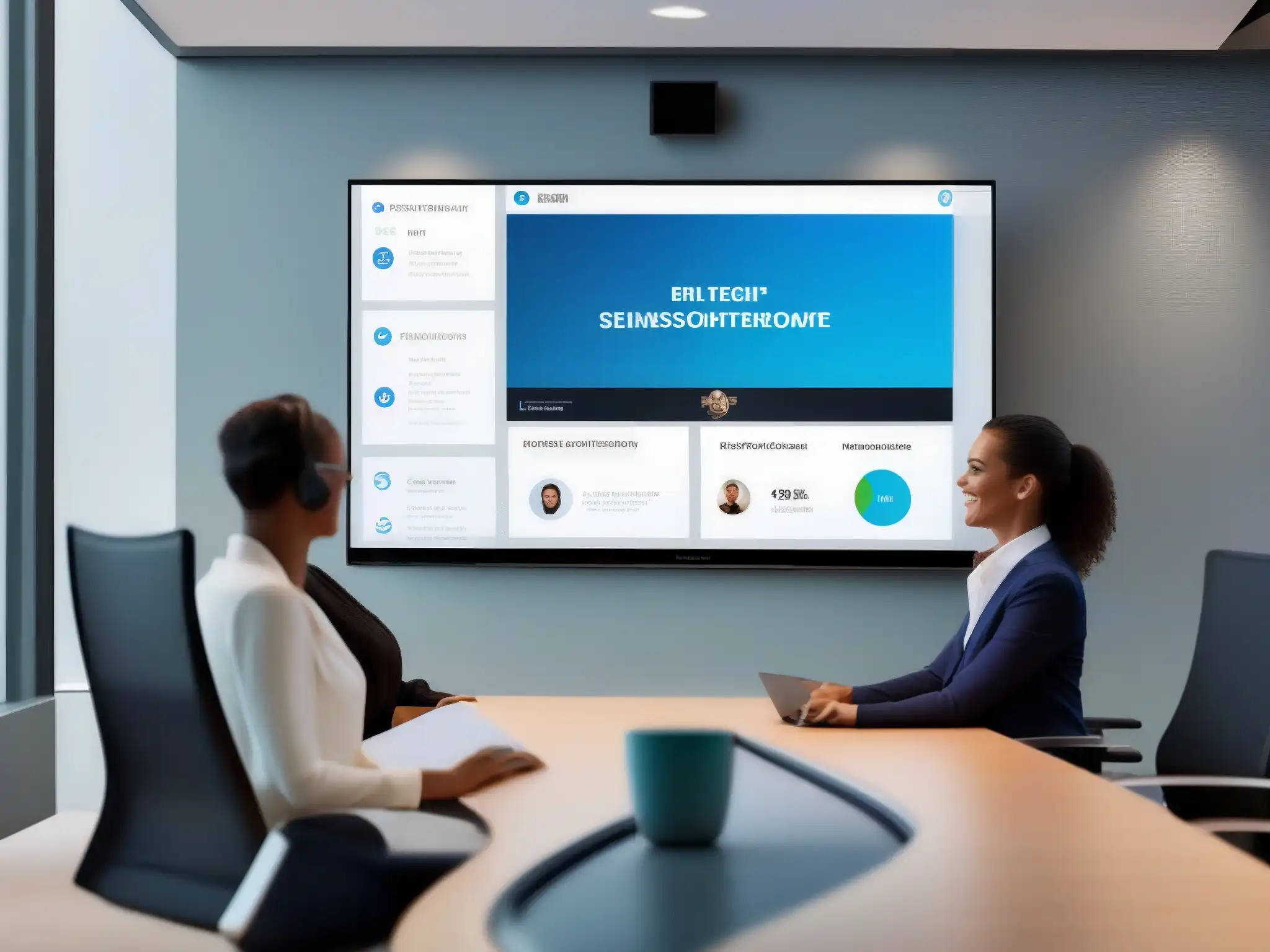 Interfaz de videoconferencia moderna y elegante Diseño de interfaz en videoconferencias: Interfaz moderna y limpia con controles intuitivos, video nítido y elementos estilizados que equilibran funcionalidad y estética