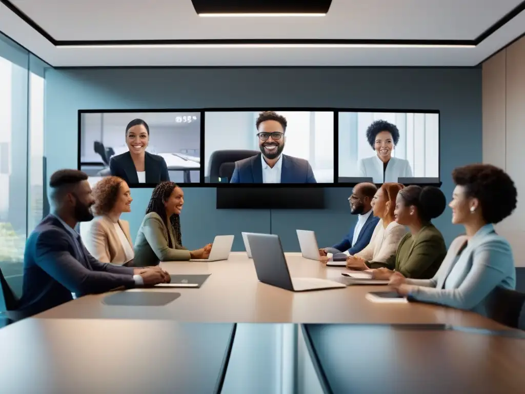 Profesionales colaborando en videoconferencia de alta calidad Diseño de interfaz en videoconferencias: Profesionales diversos participan en una videoconferencia con interfaces modernas y ambiente profesional