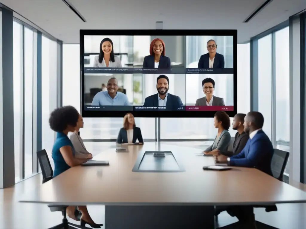 Conferencia virtual de profesionales: interacción fluida y profesional Diseño de interfaz en videoconferencias: Profesionales atentos interactúan en una sala minimalista, con tecnología integrada