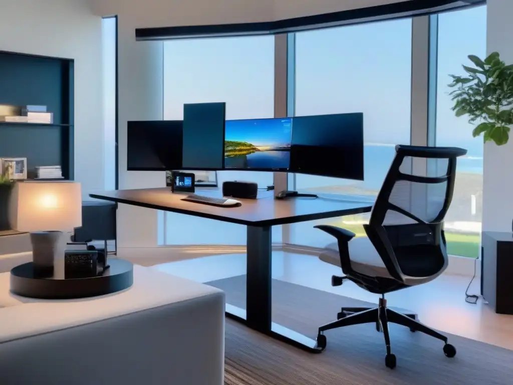 Oficina en casa moderna para videoconferencias Diseño moderno de entorno de trabajo en casa para videoconferencias con equipo profesional y ambiente acogedor