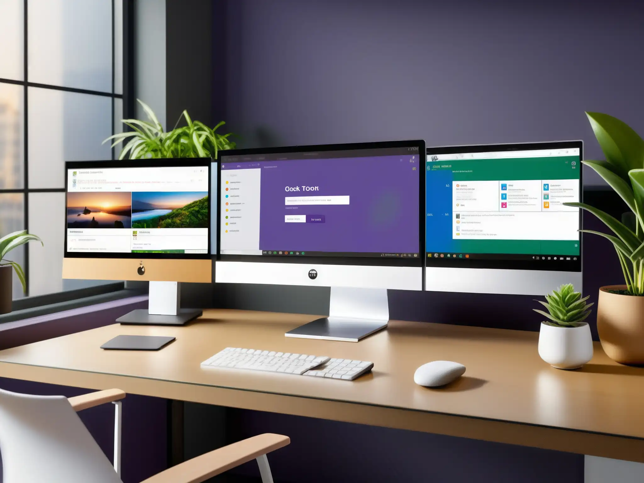 Escritorio moderno: integración de Slack y Microsoft Teams Diseño de oficina moderna con integración aplicaciones terceros Slack Microsoft Teams