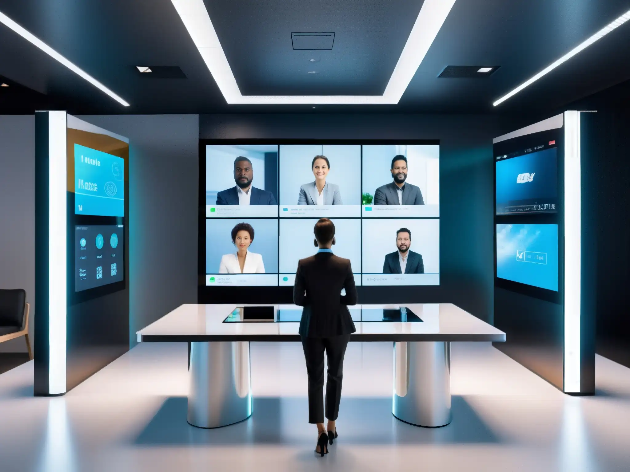 Interfaz de videoconferencia futurista con hologramas de alta definición Evolución en el diseño de plataformas de videoconferencia: interfaz futurista con pantallas transparentes, controles táctiles e iluminación ambiental