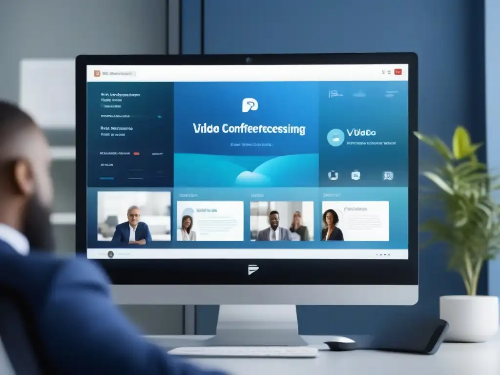 Interfaz de videoconferencia futurista y minimalista en alta resolución Una evolución en el diseño de plataformas de videoconferencia, con una interfaz futurista y minimalista en un entorno de oficina contemporáneo