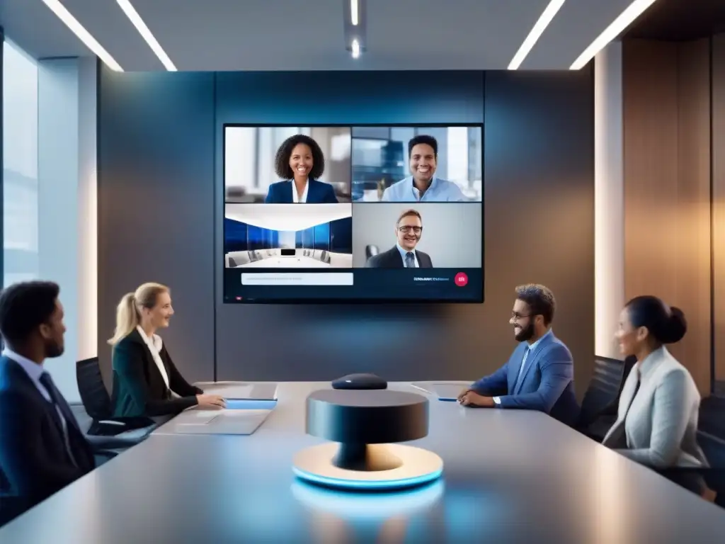 Videoconferencia moderna en entorno profesional Diseño API videoconferencia cumplimiento GDPR: Imagen de interfaz moderna de videoconferencia en dispositivo futurista en ambiente profesional