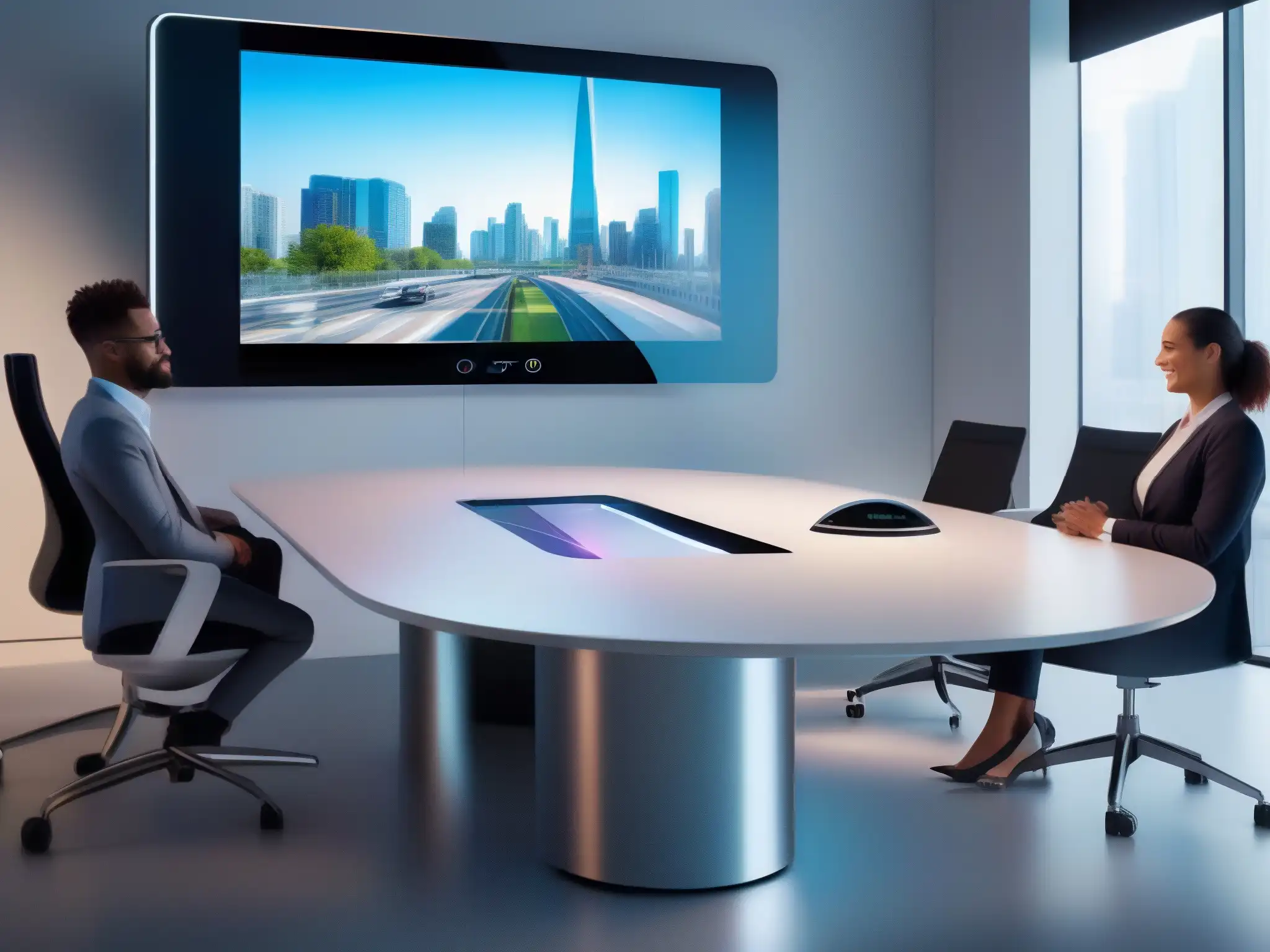 Videoconferencia futurista con dispositivo 5G holográfico Un dispositivo 5G proyecta una videoconferencia holográfica en un entorno profesional, mostrando el efecto del 5G en videoconferencias