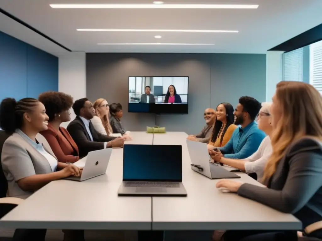 Reunión inclusiva con diversidad de participantes Una diversa reunión en una sala bien iluminada con una plataforma de videoconferencia accesible