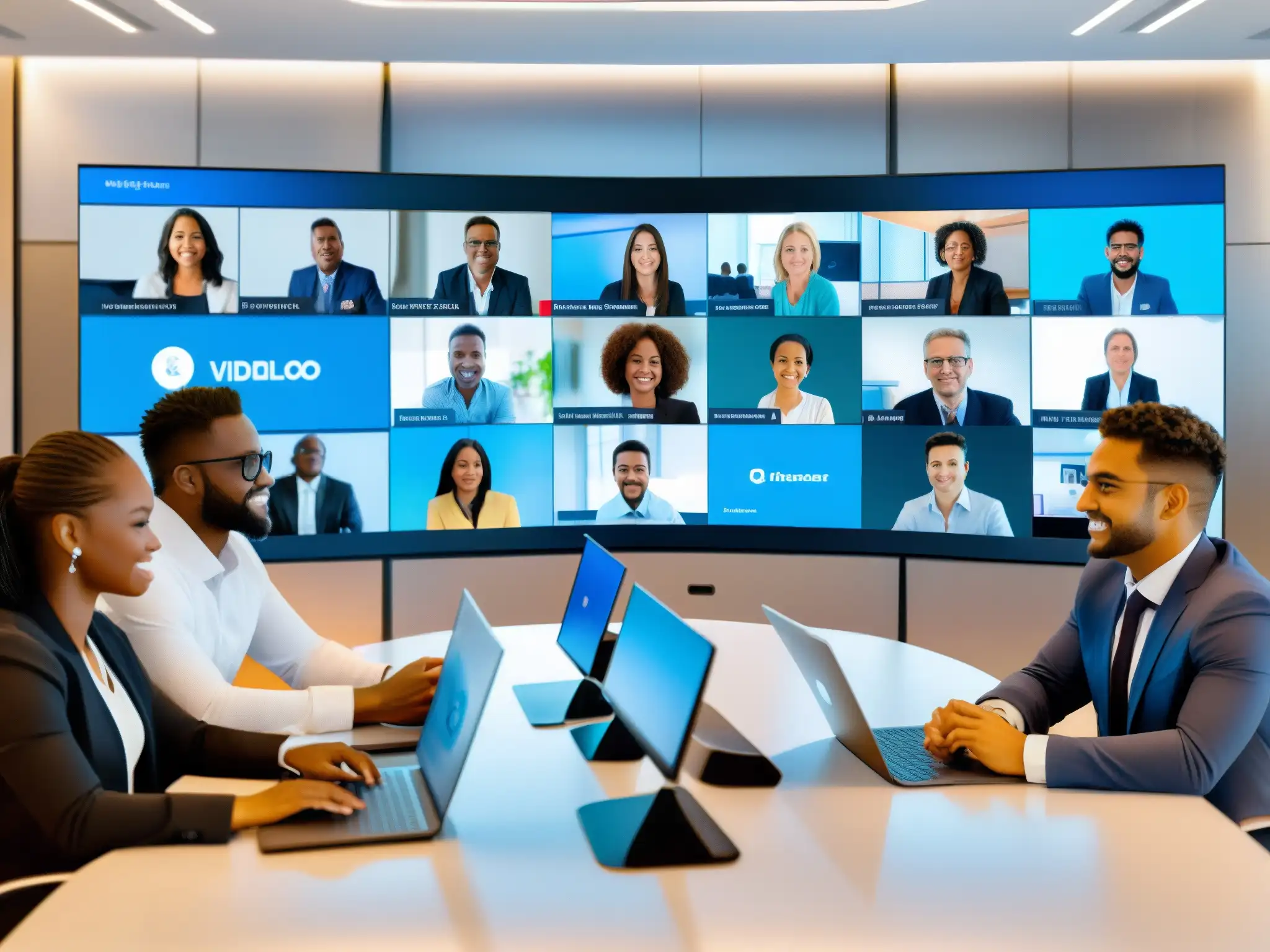 Reunión virtual profesional: seguridad y colaboración Un diverso grupo participa en una reunión virtual, con herramientas modernas en pantalla