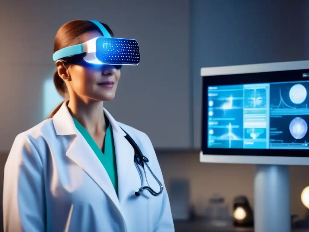 Consulta médica virtual: Futuro de la salud Un doctor realiza una consulta médica virtual usando gafas de realidad aumentada y una interfaz holográfica, en un moderno entorno médico