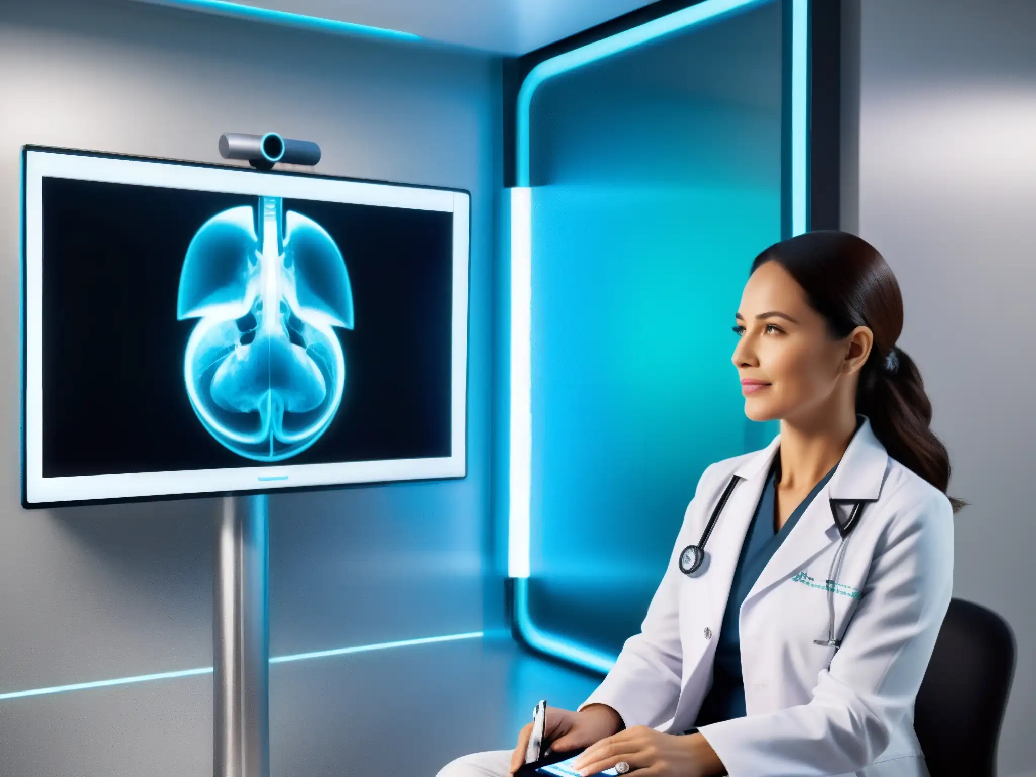 Telemedicina del futuro: consulta médica en pantalla gigante Un doctor realiza una consulta en video a través de un avanzado sistema de telemedicina