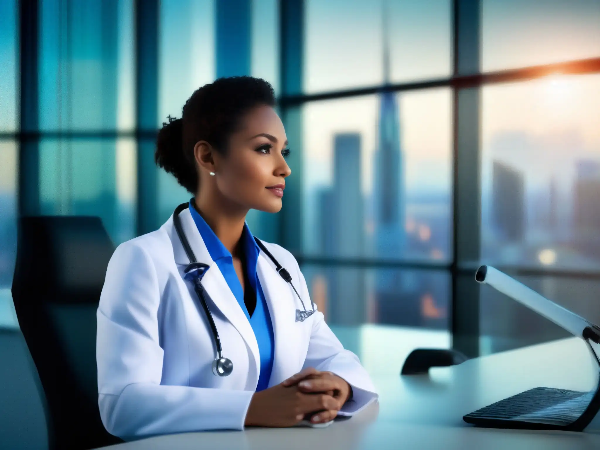Consulta médica virtual en oficina moderna Un doctor en consultas médicas por videoconferencia, en un moderno consultorio con tecnología de vanguardia y vista a la ciudad
