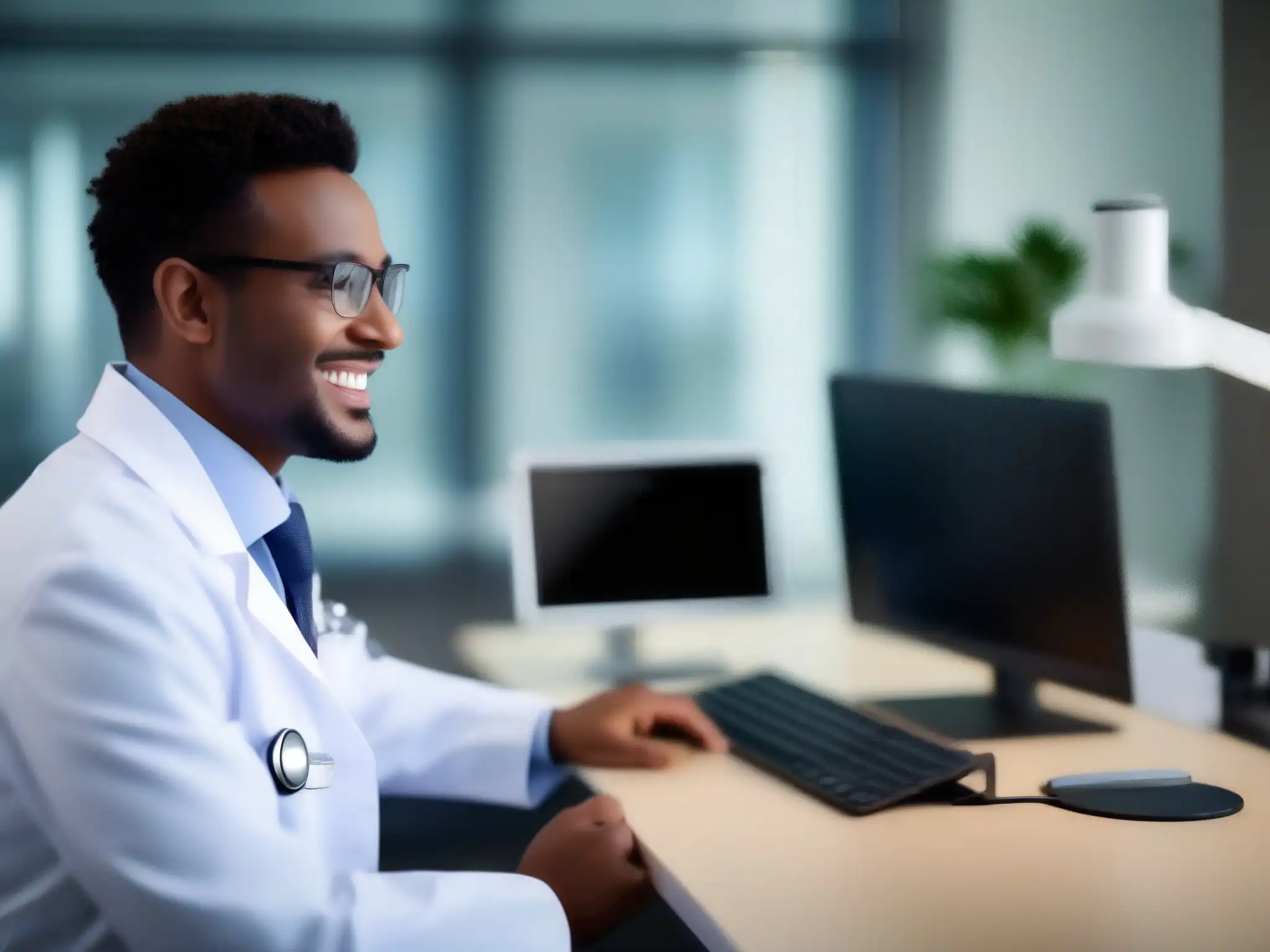 Atención médica en línea: consulta profesional con doctor Doctor en videoconsulta médica con tecnología de videoconferencia, ambiente profesional y calmado