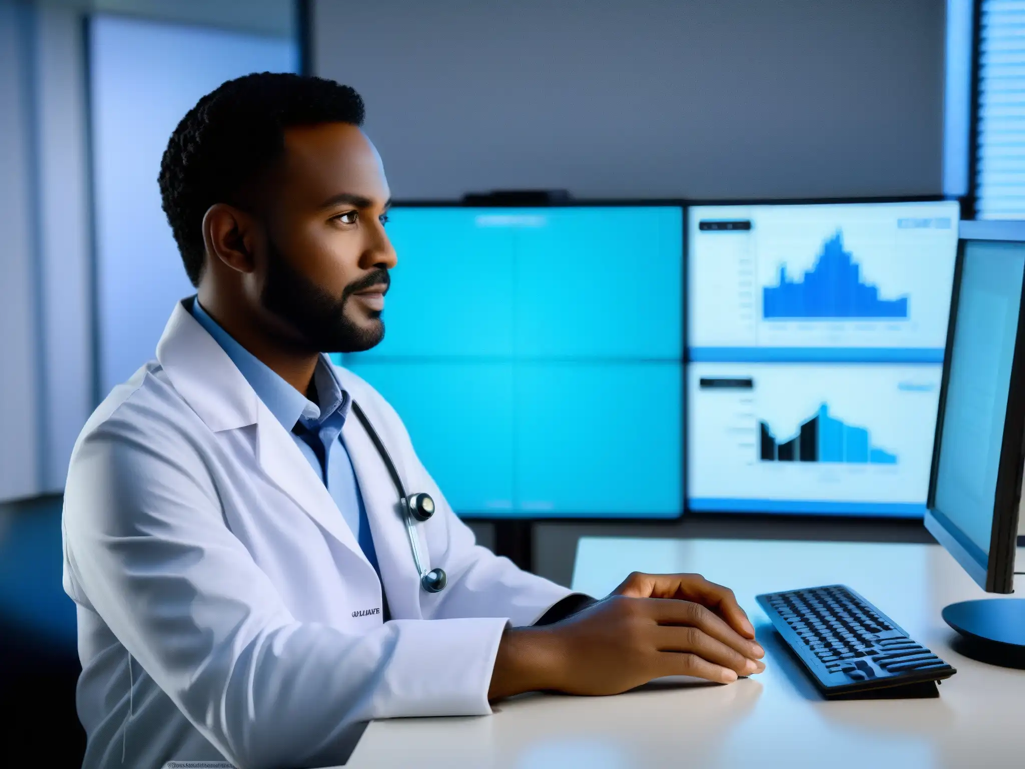 Consulta médica por video: experto en telemedicina Doctor en moderna consulta telemedicina, usando integraciones clave para telemedicina en videoconferencias con empatía y expertise