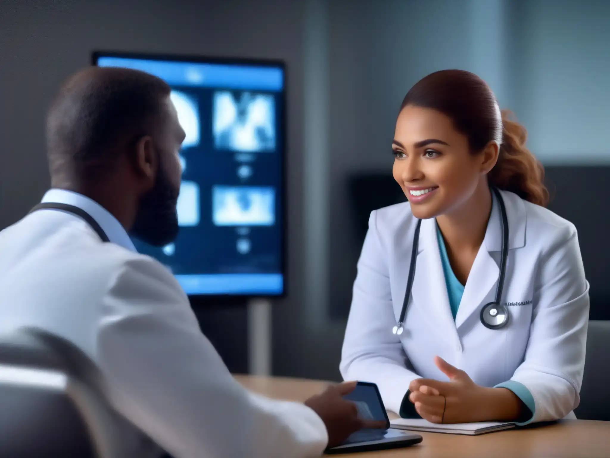 Consulta médica virtual: atención compasiva en pantalla Doctor y paciente en videoconsulta médica, expresiones atentas y ambiente profesional tecnología videoconferencia consultas médicas