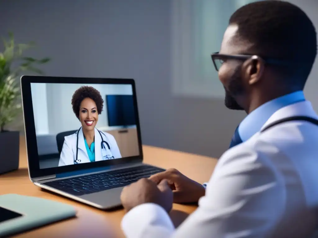 Telemedicina cálida y eficiente: consulta médica virtual Doctor y paciente en videoconsulta, con ambiente cálido e integraciones clave para telemedicina en videoconferencias