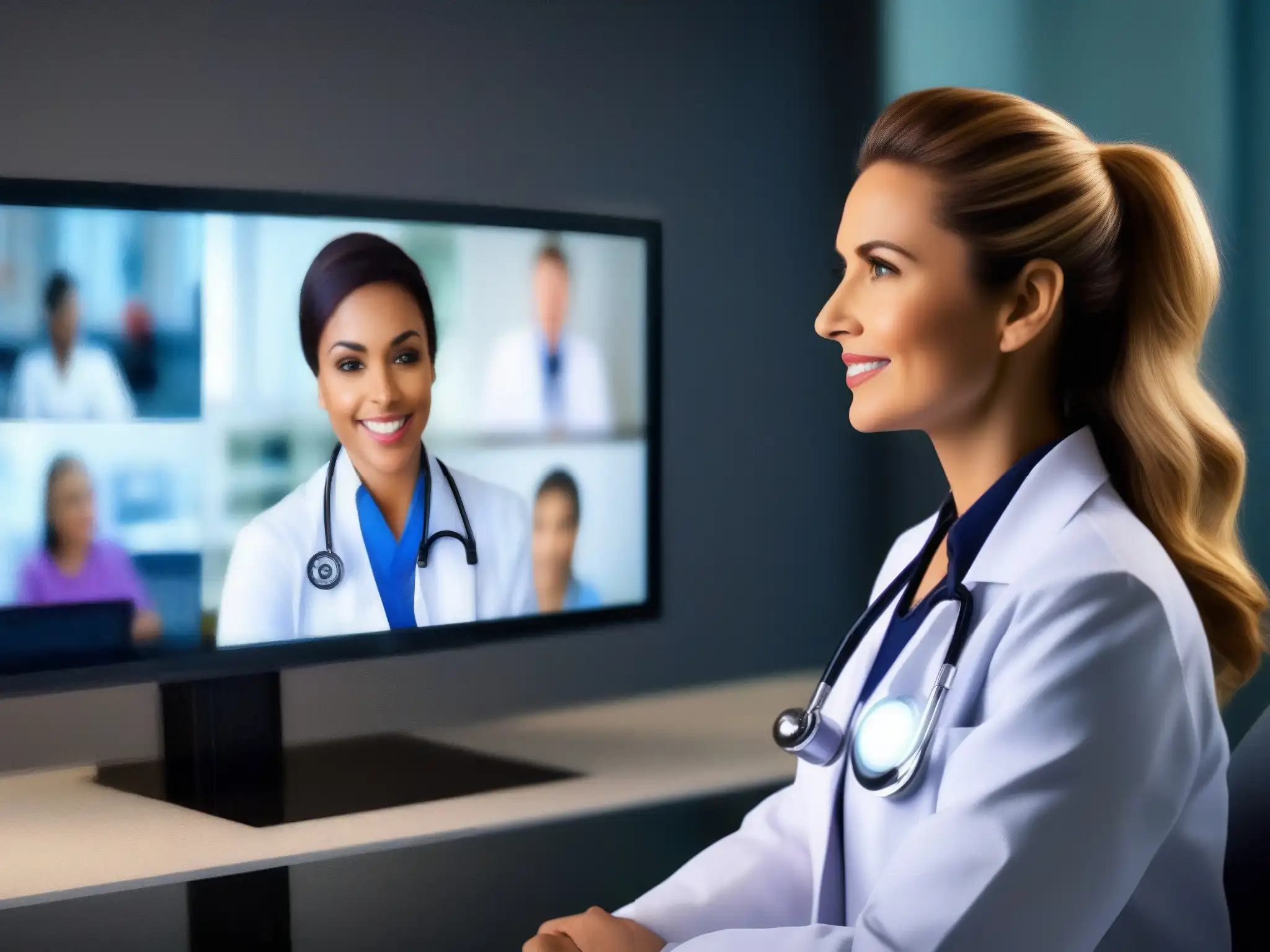 Conferencia médica de alta tecnología: doctor y paciente en videoconsulta Doctor y paciente en videoconsulta, transmiten confianza y profesionalismo
