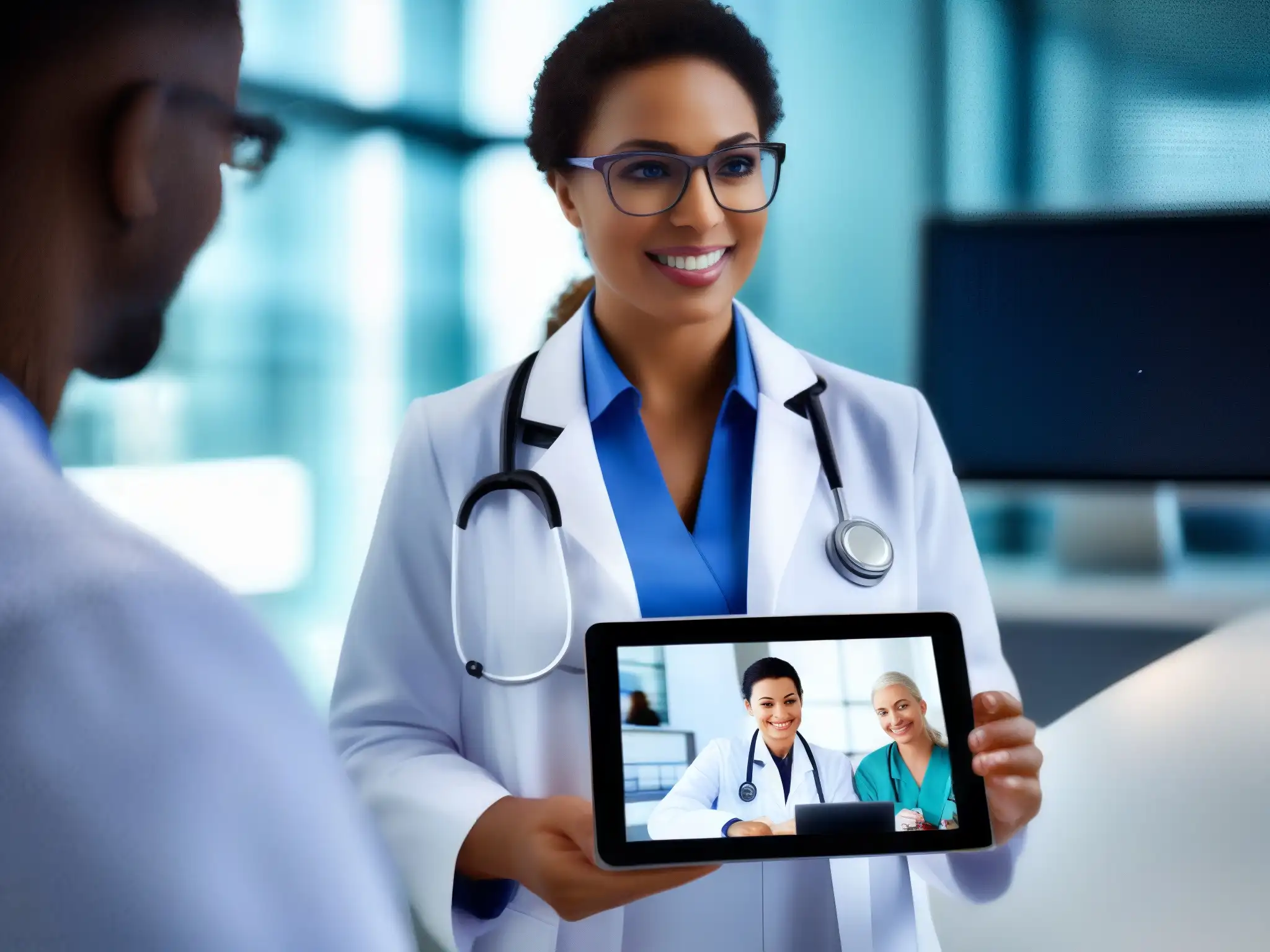 Doctor en videoconferencia con paciente: atención médica moderna Un doctor en una videoconferencia con un paciente en una consulta médica bien iluminada, mostrando videoconferencias para telemedicina