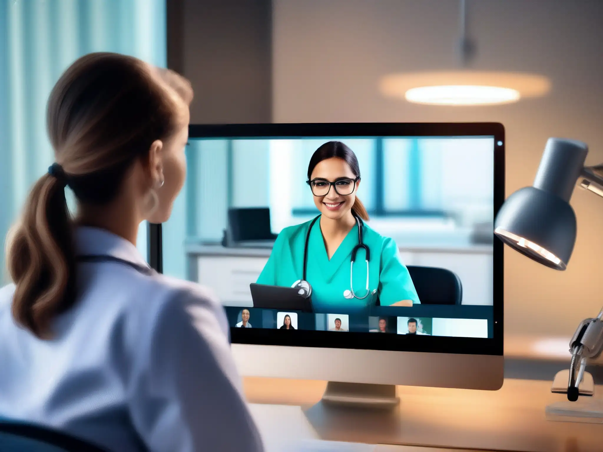 Doctor en videoconferencia con paciente: tecnología médica moderna Un doctor realiza una videoconferencia con un paciente en una consulta médica moderna, mostrando tecnología de vanguardia y empatía