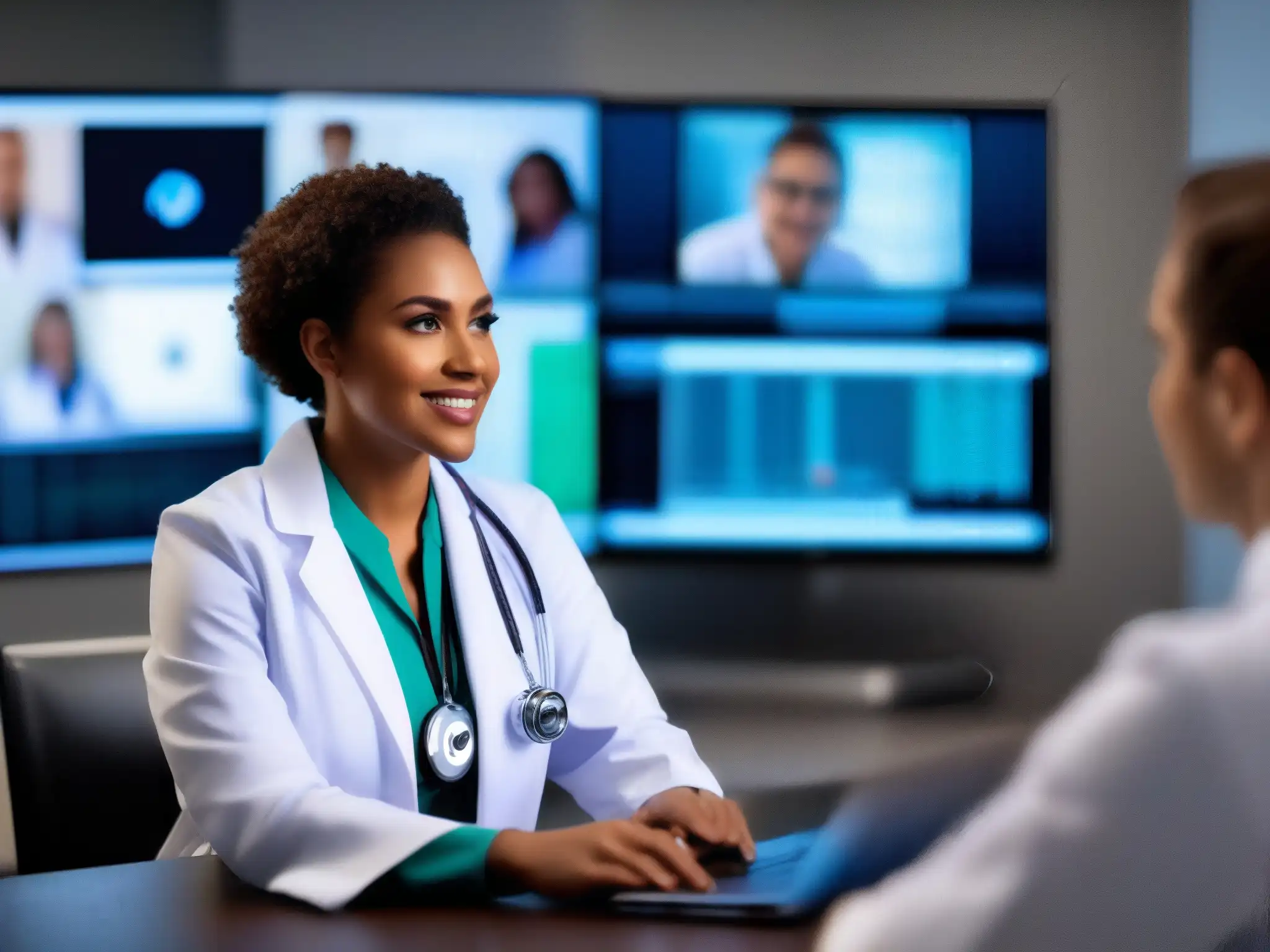 Telemedicina: Consulta médica profesional y tecnológica Doctor en videoconferencia de telemedicina, consultando con un paciente en un consultorio médico moderno y equipado