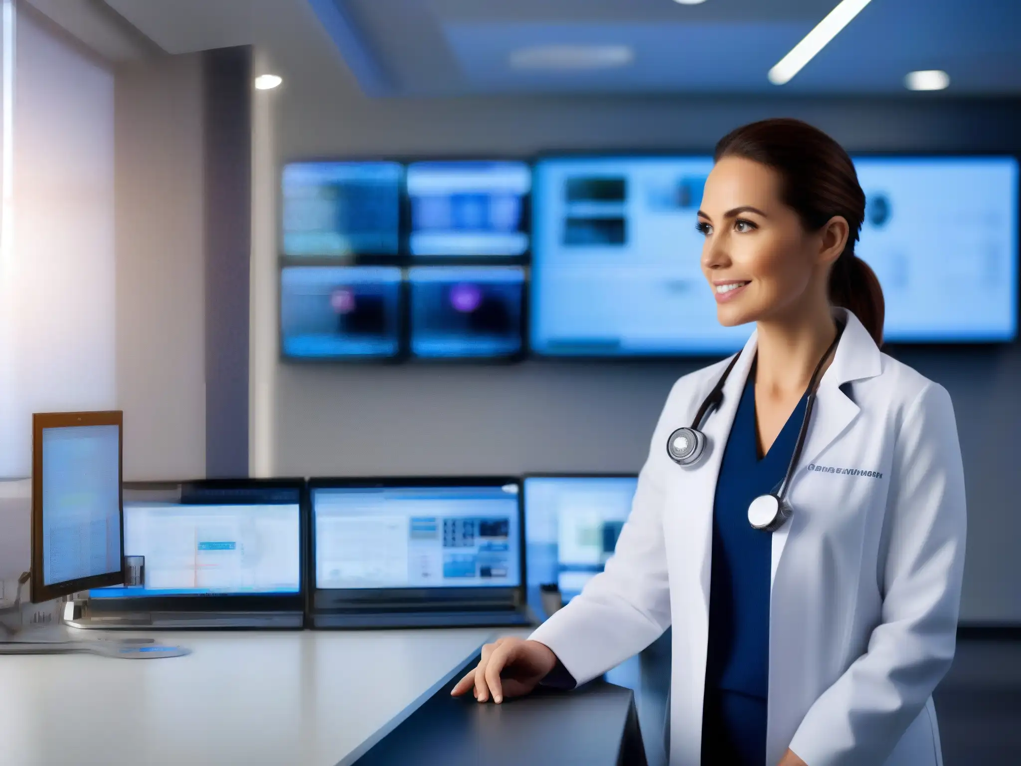 Doctora moderna en consulta virtual Una doctora en un consultorio de telemedicina Vidyo, con tecnología avanzada y ambiente profesional e innovador
