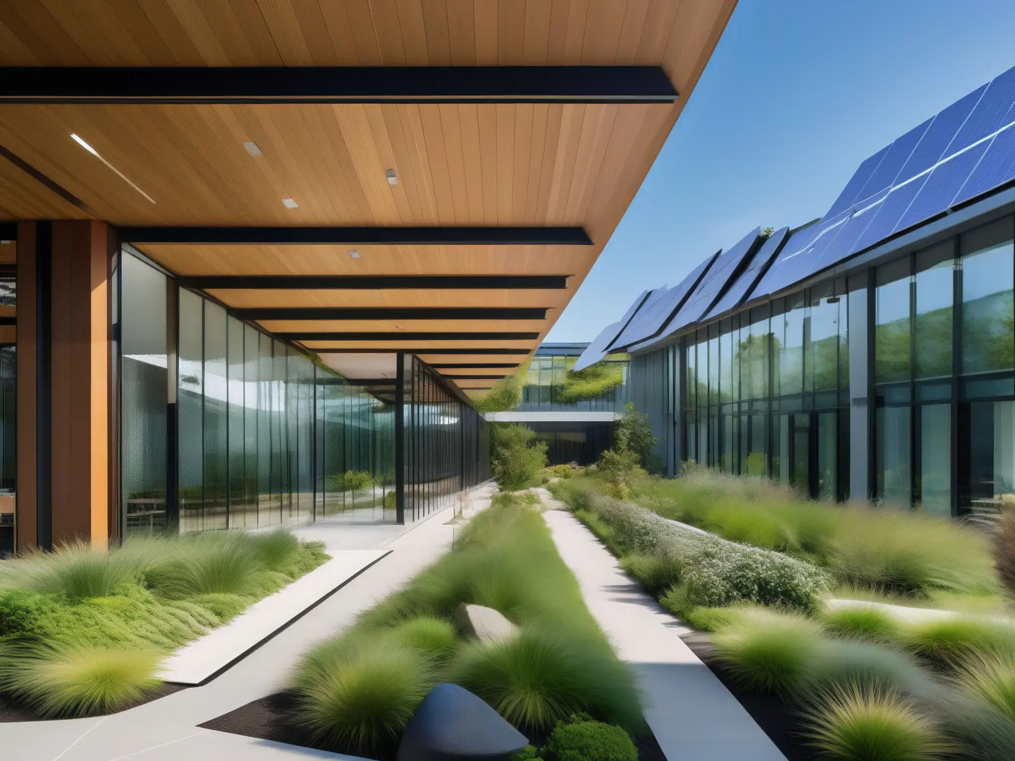 Edificio ecoamigable: oasis urbano en armonía Un edificio de oficinas sostenible, rodeado de vegetación, con paneles solares y grandes ventanas que reflejan el cielo