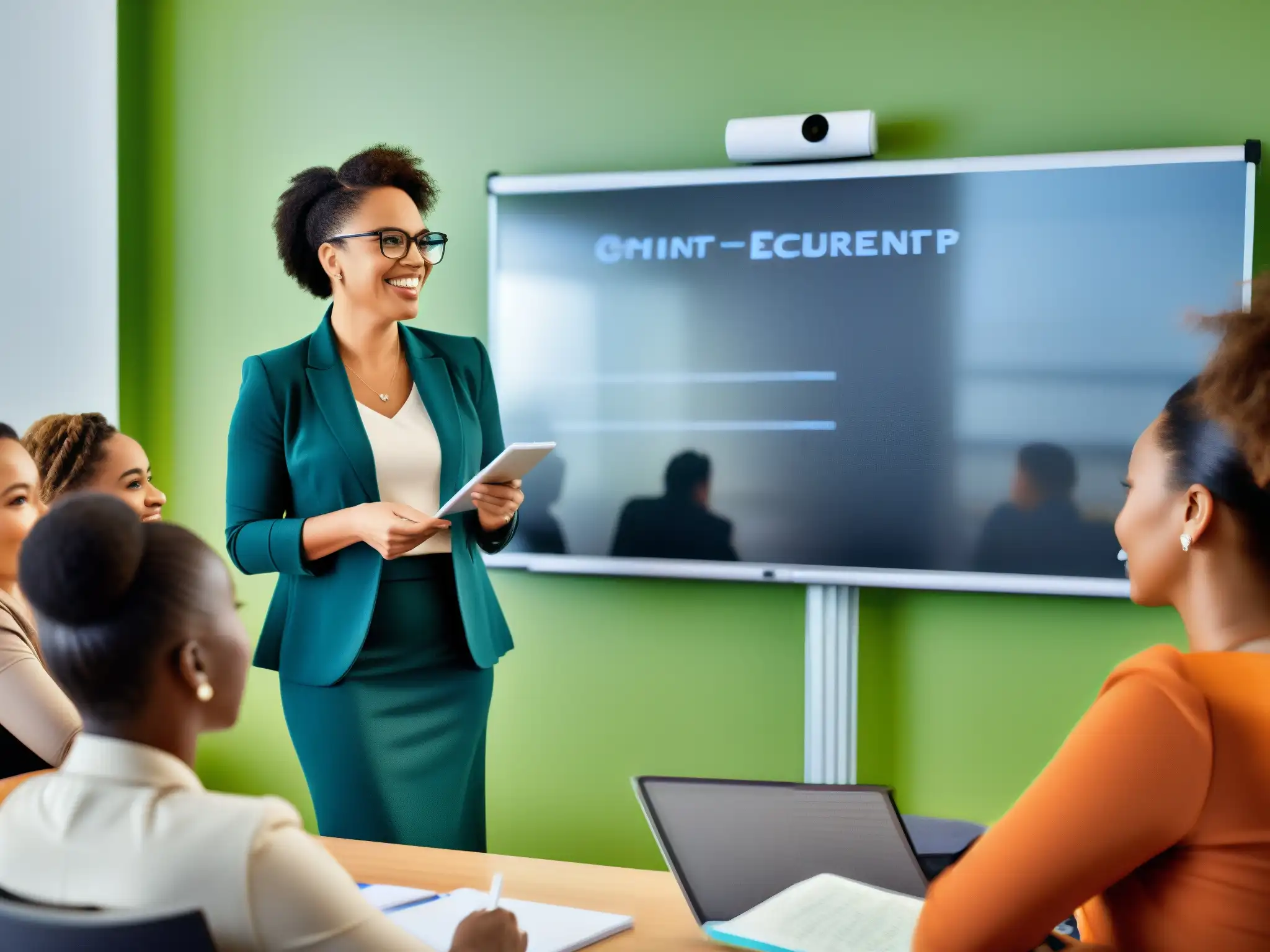 Maestro lidera dinámica discusión sobre webinars Un educador profesional imparte seminarios web efectivos educación continua a un grupo diverso de estudiantes adultos en un aula moderna y luminosa