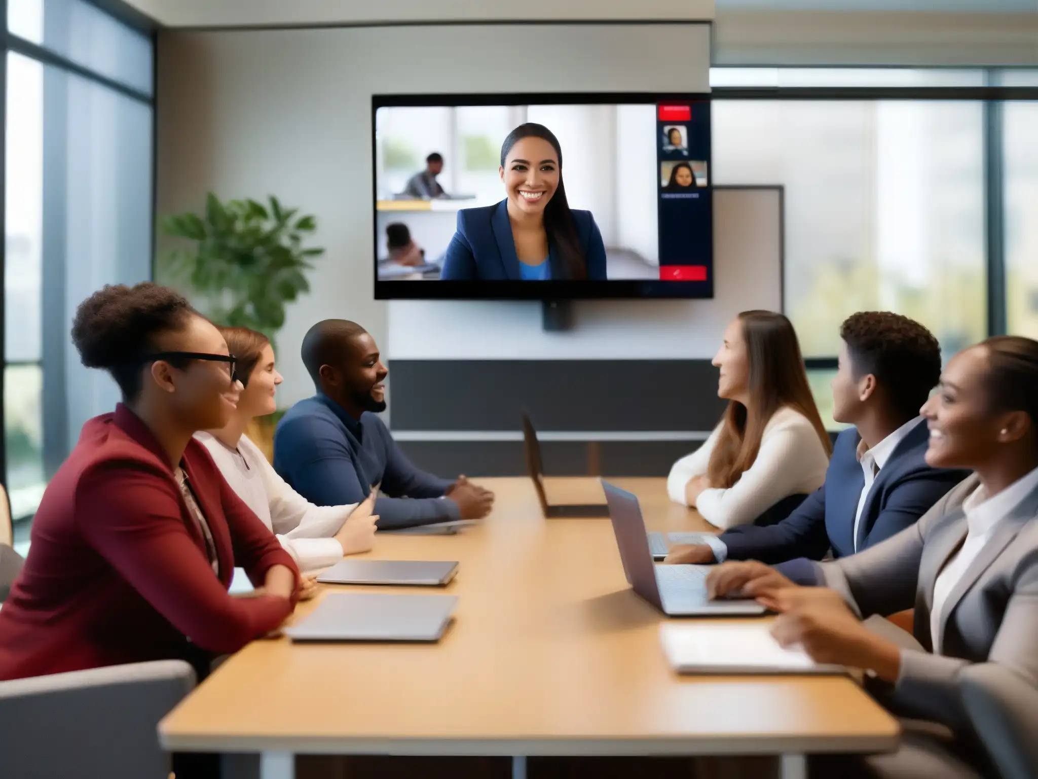 Profesor líder en videoconferencia educativa interactiva Un educador profesional lidera una videoconferencia dinámica con estudiantes diversos, usando herramientas de videoconferencia profesionales en un aula virtual moderna y bien equipada