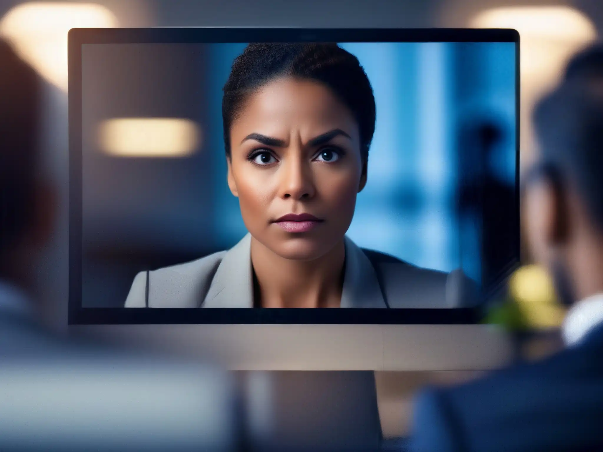 Expresión de estrés en videoconferencia 'Efectos del estrés en videoconferencias: Imagen de una persona en una videoconferencia, mostrando signos sutiles de tensión y presión profesional