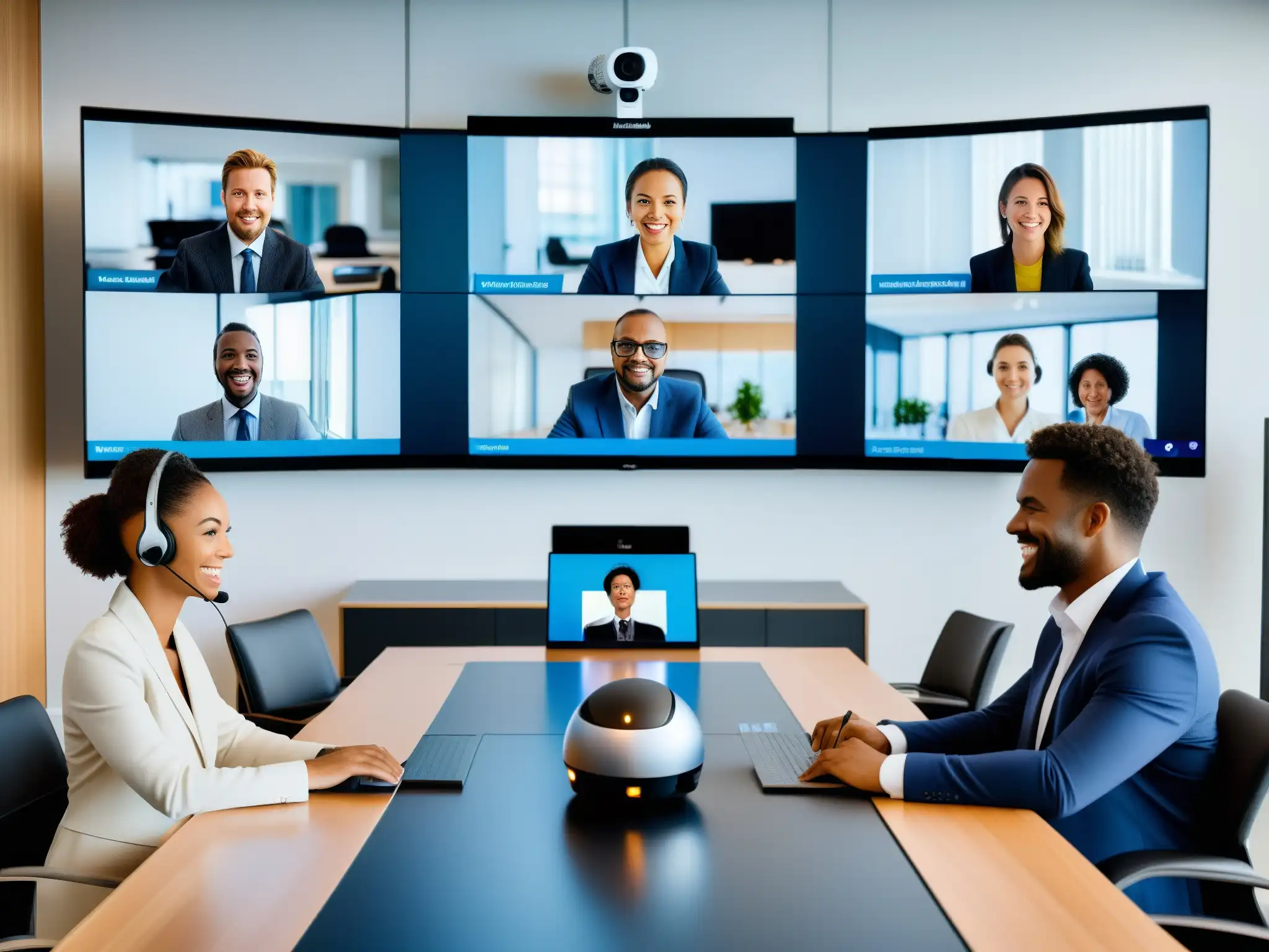 Videoconferencia profesional en ambiente moderno Una eficiente videoconferencia profesional en un espacio contemporáneo y bien iluminado, con tecnología de vanguardia y participantes dinámicos