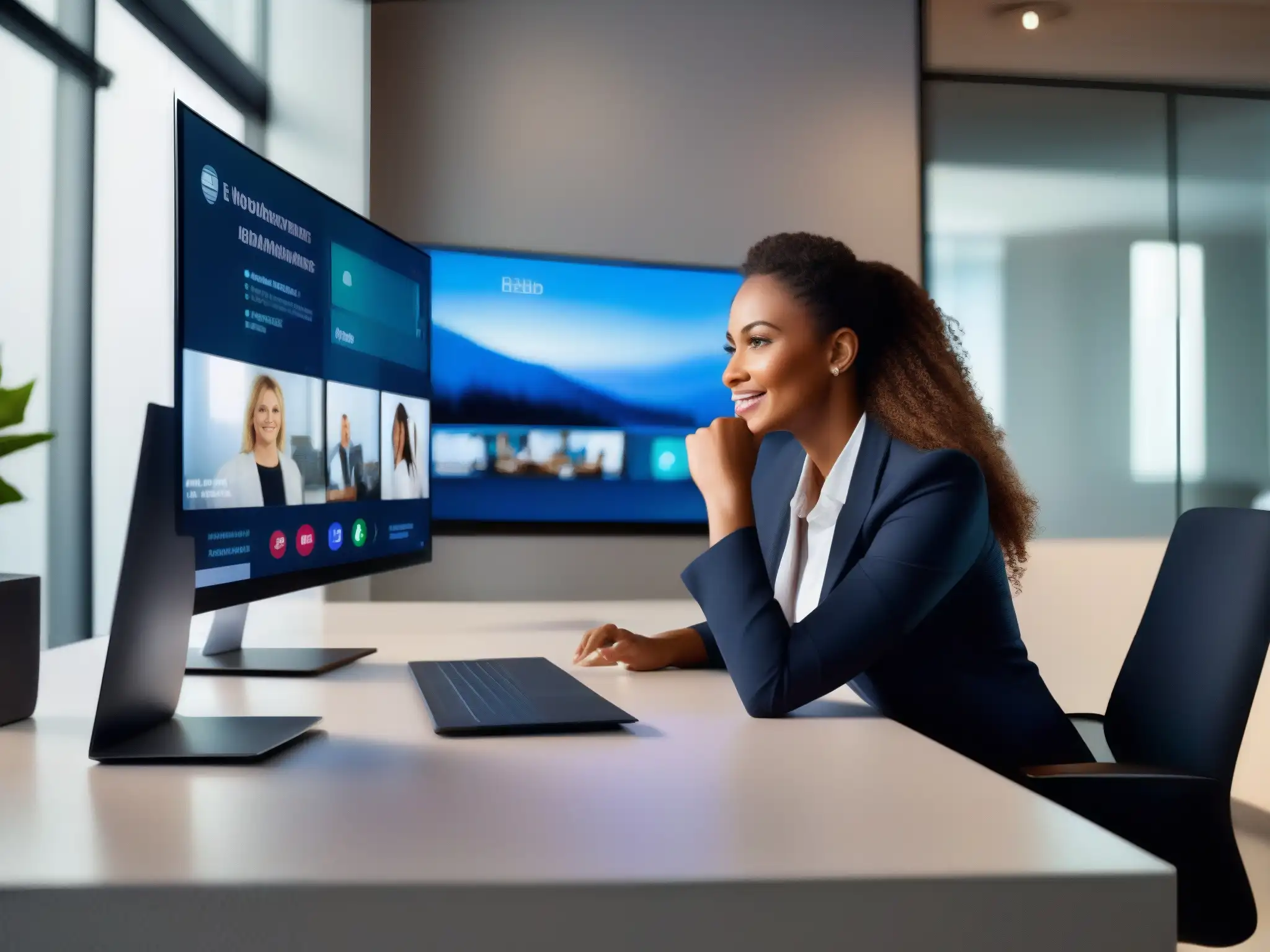 Empresaria experta en videoconferencias en oficina moderna Una ejecutiva colabora con su equipo remoto en un espacio de trabajo moderno y luminoso, utilizando avanzadas tecnologías de videoconferencia