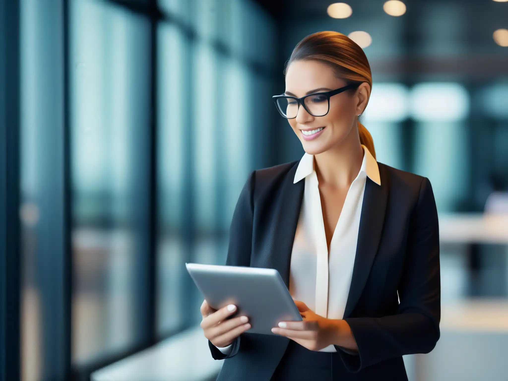 Profesional integrando ClickMeeting y CRM en la oficina Una ejecutiva exitosa integra ClickMeeting y CRM para comunicarse eficientemente con leads, en un entorno profesional y tecnológicamente avanzado