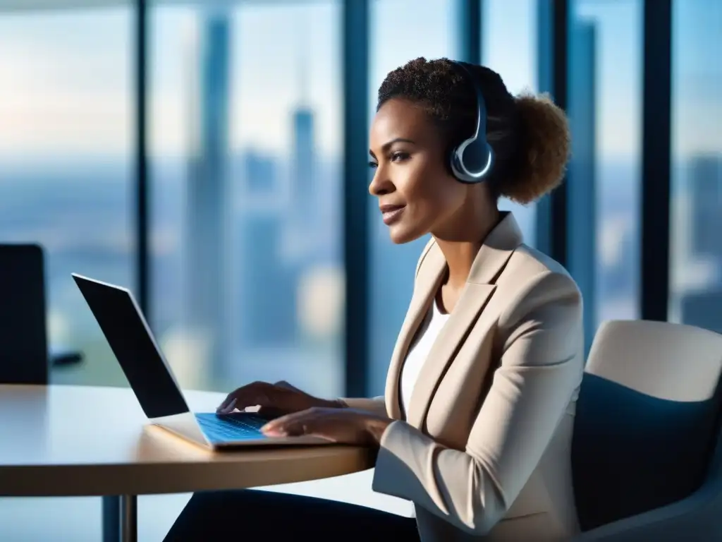 Businesswoman en videoconferencia profesional Una ejecutiva profesional se comunica por videoconferencia en una oficina moderna y luminosa con vista a la ciudad
