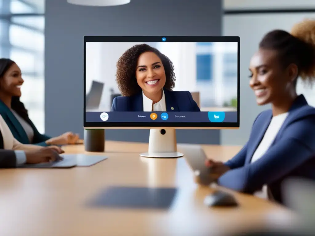 Conferencia de video profesional con Vonage CRM Una ejecutiva sonriente participa en una videoconferencia personalizada con Vonage CRM desde su moderna y luminosa oficina