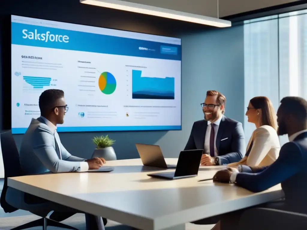 Conferencia ejecutiva con Salesforce: eficiencia moderna Un ejecutivo en una oficina moderna, en videoconferencia con un equipo, visualizando datos de Salesforce
