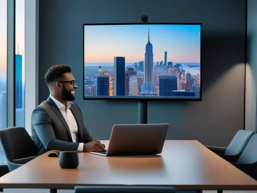 Negociación remota exitosa en oficina moderna Un ejecutivo presenta una propuesta con herramientas de videoconferencia profesionales, mientras el cliente atiende con interés