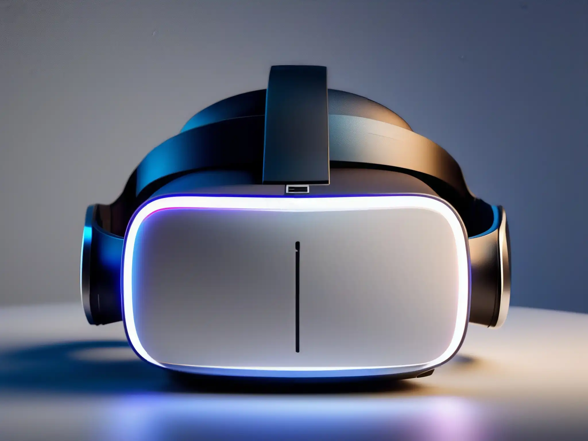Auriculares de realidad virtual: innovación y colaboración futurista Un elegante auricular de realidad virtual descansa sobre una superficie blanca, iluminado por una suave luz ambiental