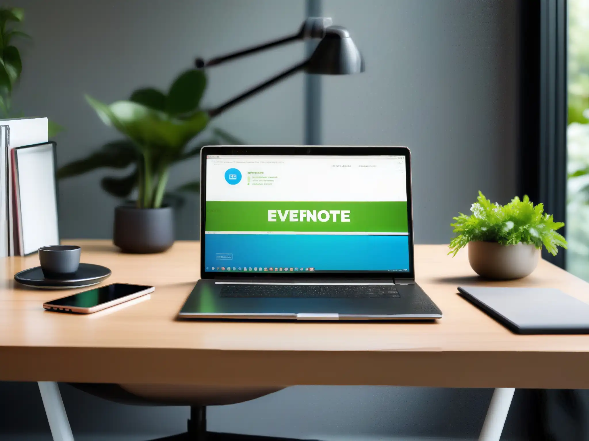 Oficina moderna con Evernote y Skype: productividad profesional Una elegante configuración de escritorio con herramientas de videoconferencia comparativa, creando un ambiente profesional y productivo