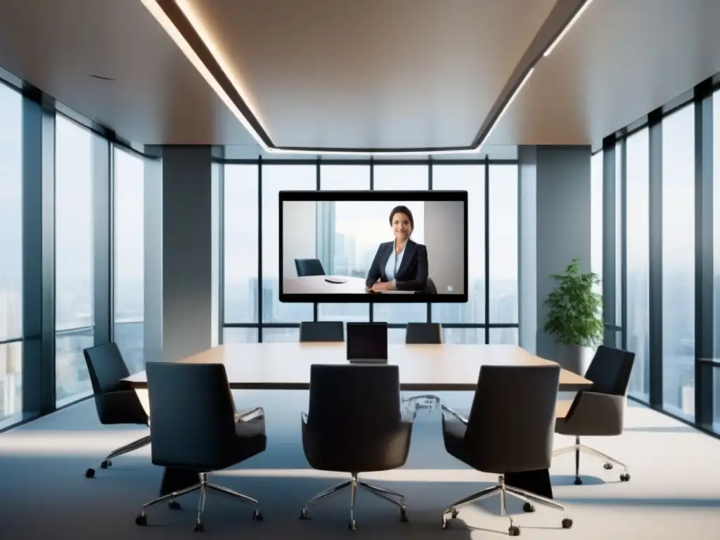 Oficina moderna para videoconferencias: confianza y profesionalismo Una elegante configuración de videoconferencia en un entorno profesional, con iluminación suave y ambiente acogedor